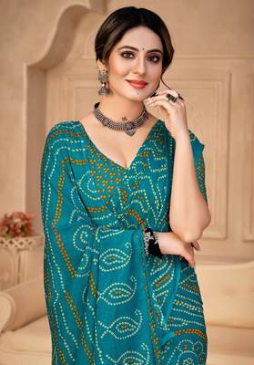 Roop Kashish Teal Blue Color Bandhani Print Chiffon Printed Saree And Printed Blouse Piece 2