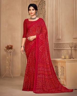 Roop Kashish Red Color Bandhani Print Chiffon Printed Saree And Printed Blouse Piece 1