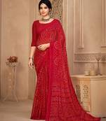Roop Kashish Red Color Bandhani Print Chiffon Printed Saree And Printed Blouse Piece