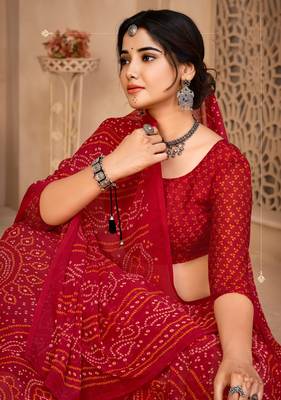 Roop Kashish Red Color Bandhani Print Chiffon Printed Saree And Printed Blouse Piece 2