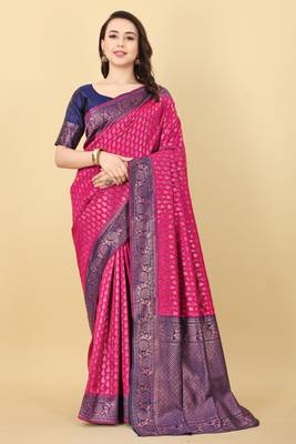 Pink & Blue Zari Woven Faux Faux Kanjivaram Silk Saree With Blouse Piece 1
