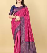 Pink & Blue Zari Woven Faux Faux Kanjivaram Silk Saree With Blouse Piece