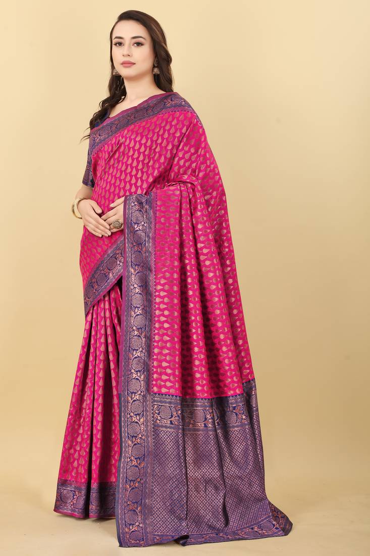 Pink & Blue Zari Woven Faux Faux Kanjivaram Silk Saree With Blouse Piece