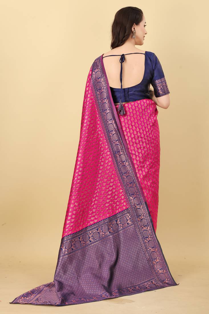 Pink & Blue Zari Woven Faux Faux Kanjivaram Silk Saree With Blouse Piece