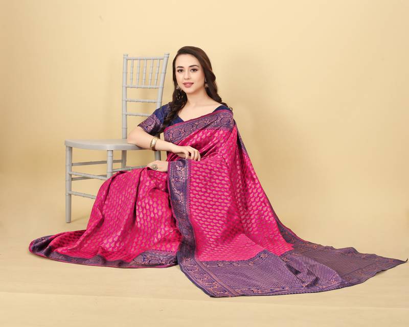 Pink & Blue Zari Woven Faux Faux Kanjivaram Silk Saree With Blouse Piece
