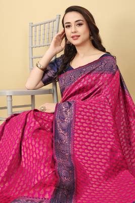 Pink & Blue Zari Woven Faux Faux Kanjivaram Silk Saree With Blouse Piece 5
