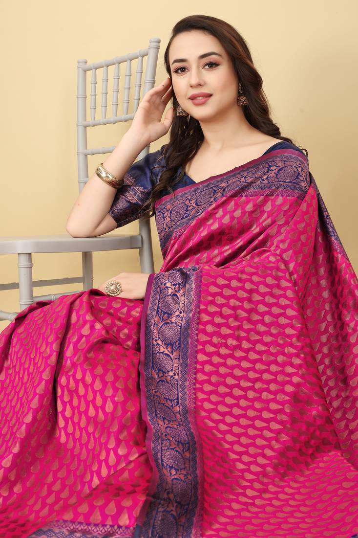 Pink & Blue Zari Woven Faux Faux Kanjivaram Silk Saree With Blouse Piece