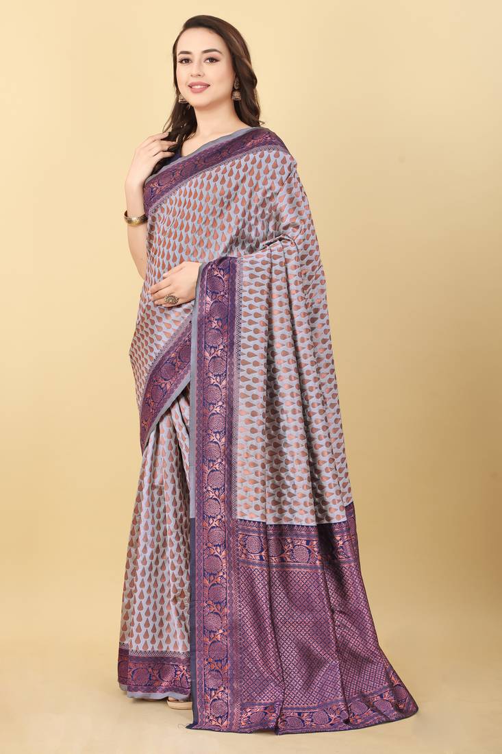 Grey & Blue Zari Woven Faux Faux Kanjivaram Silk Saree With Blouse Piece