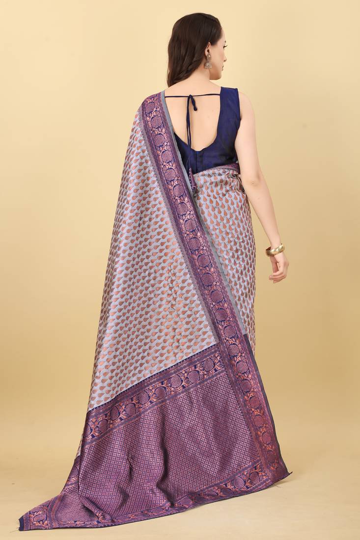 Grey & Blue Zari Woven Faux Faux Kanjivaram Silk Saree With Blouse Piece