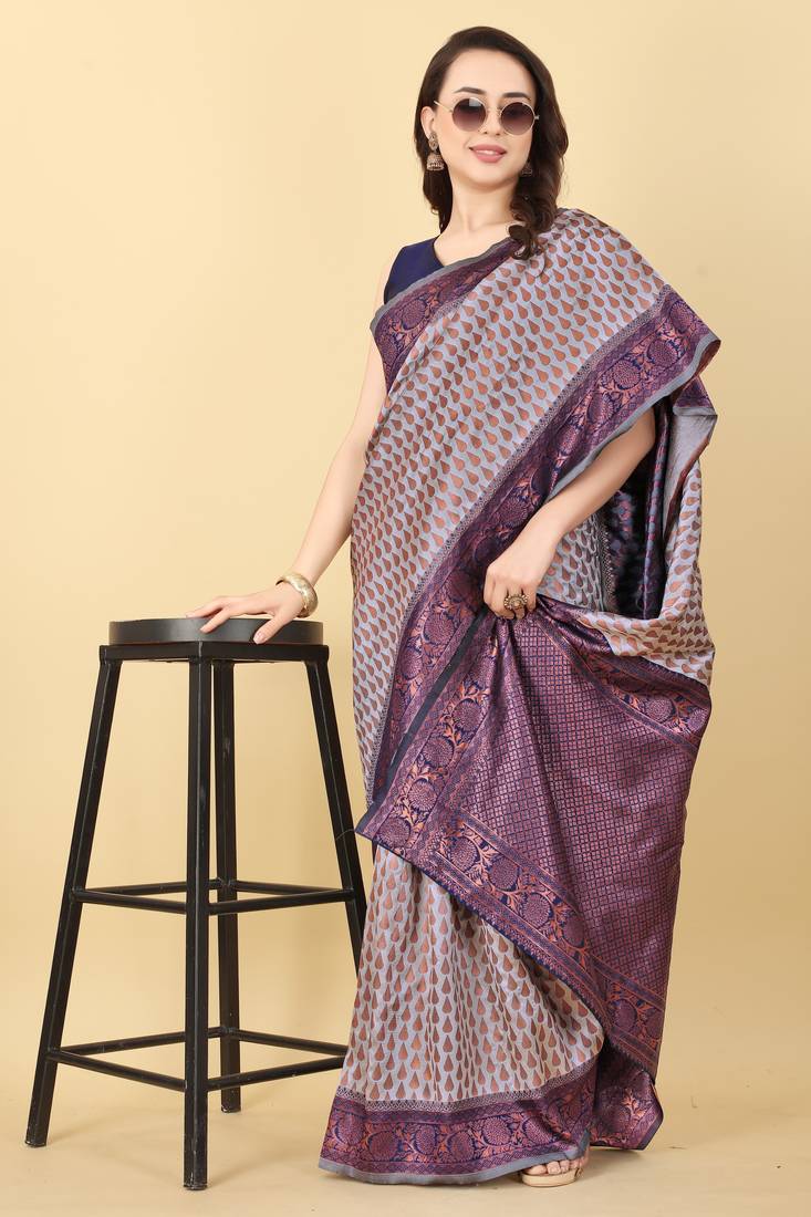 Grey & Blue Zari Woven Faux Faux Kanjivaram Silk Saree With Blouse Piece