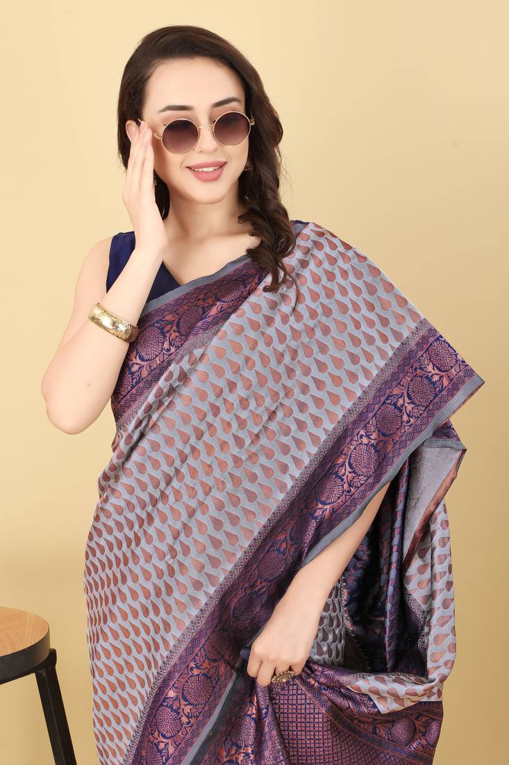 Grey & Blue Zari Woven Faux Faux Kanjivaram Silk Saree With Blouse Piece