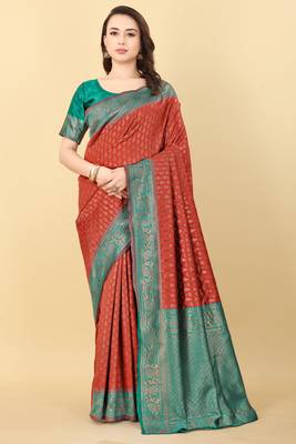 Red & Green Zari Woven Faux Faux Kanjivaram Silk Saree With Blouse Piece 1