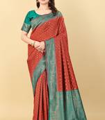 Red & Green Zari Woven Faux Faux Kanjivaram Silk Saree With Blouse Piece
