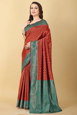 Red & Green Zari Woven Faux Faux Kanjivaram Silk Saree With Blouse Piece 2