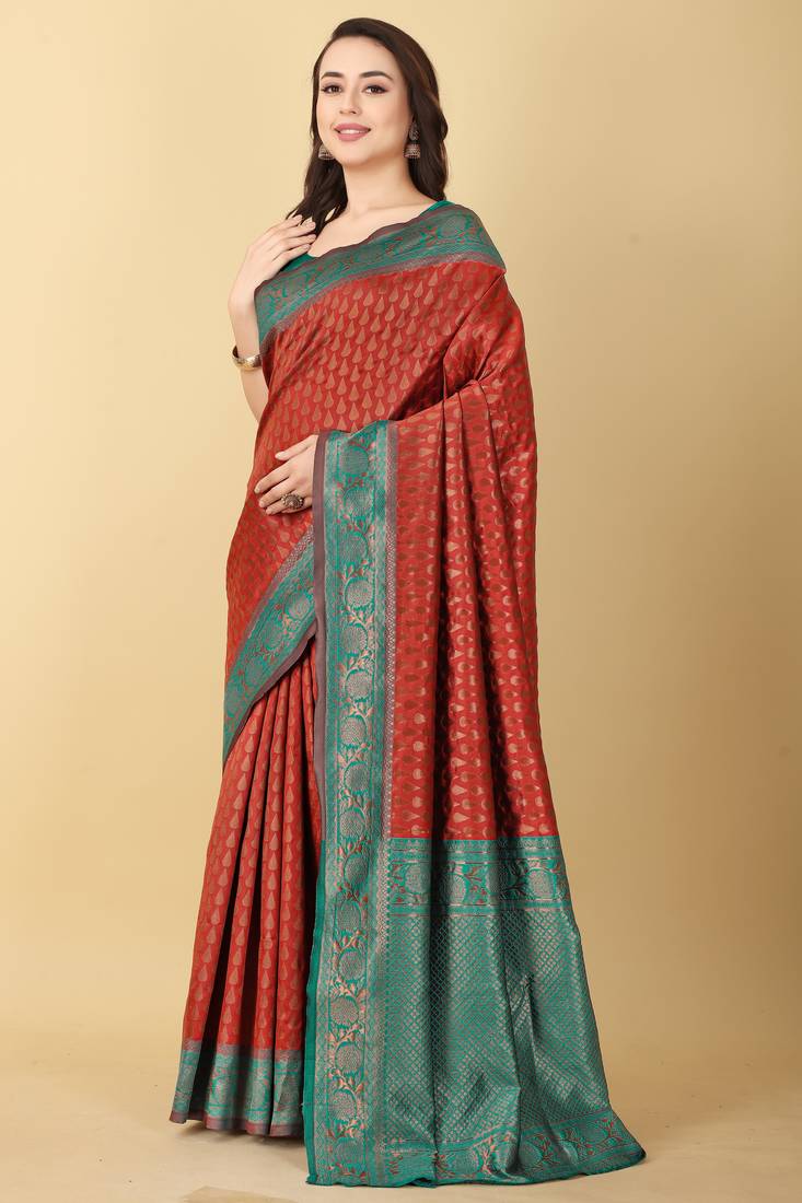 Red & Green Zari Woven Faux Faux Kanjivaram Silk Saree With Blouse Piece