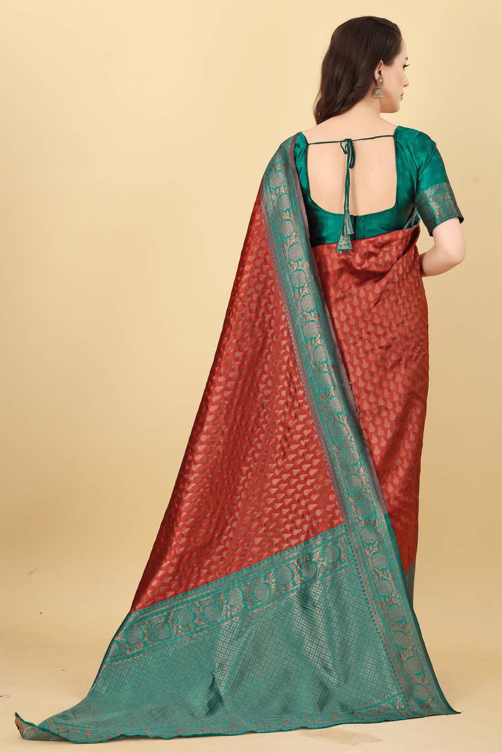 Red & Green Zari Woven Faux Faux Kanjivaram Silk Saree With Blouse Piece