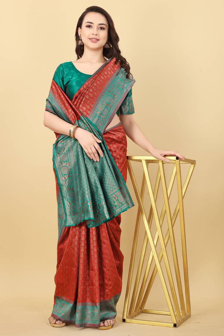 Red & Green Zari Woven Faux Faux Kanjivaram Silk Saree With Blouse Piece