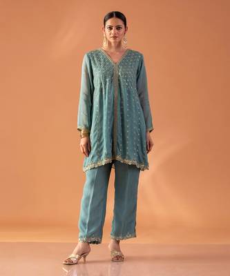 Powder blue embroidered tunic with pants 1