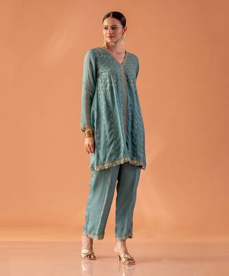 Powder blue embroidered tunic with pants 2