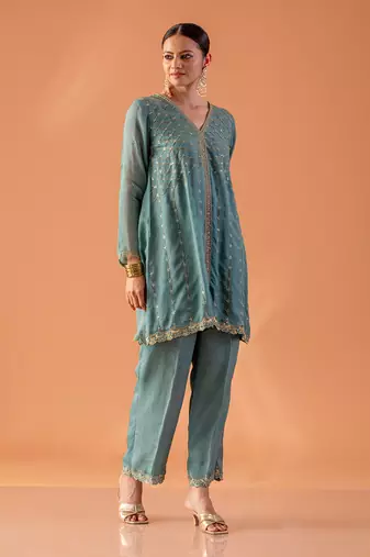 Powder blue embroidered tunic with pants