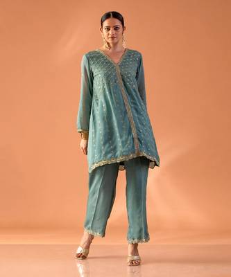 Powder blue embroidered tunic with pants 3