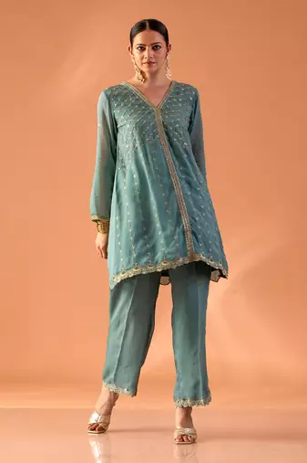 Powder blue embroidered tunic with pants