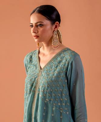 Powder blue embroidered tunic with pants 4