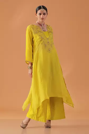 Yellow organza kaftan kurta set