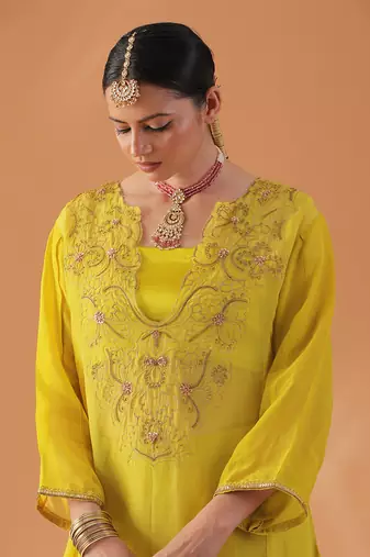 Yellow organza kaftan kurta set
