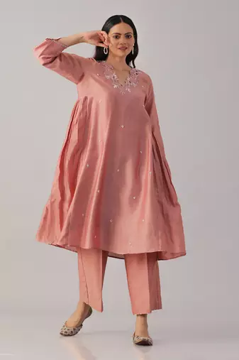 Pink hand embroidered  kurta set