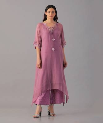 Onion pink hand embroidered  kurta set 1
