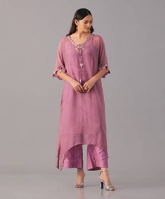 Onion pink hand embroidered  kurta set 2