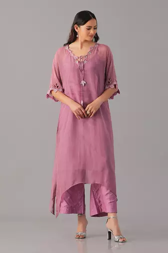 Onion pink hand embroidered  kurta set