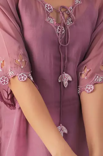 Onion pink hand embroidered  kurta set