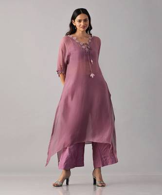 Onion pink hand embroidered  kurta with bustier and palazzo 2