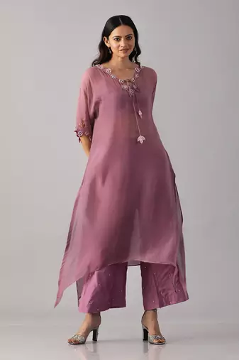 Onion pink hand embroidered  kurta with bustier and palazzo