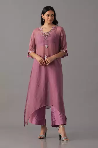 Onion pink hand embroidered  kurta with bustier and palazzo