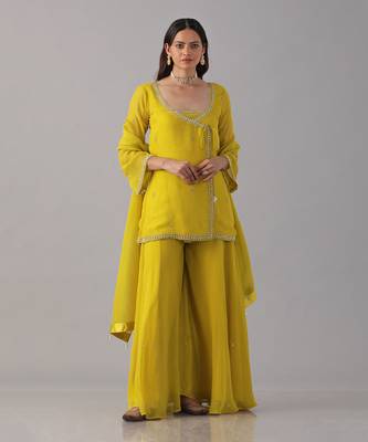 Yellow organza embroidered sharara set 1