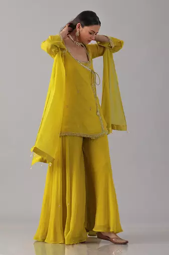 Yellow organza embroidered sharara set