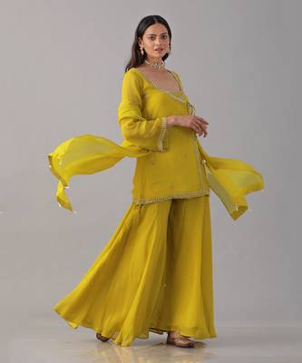 Yellow organza embroidered sharara set 3