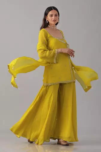 Yellow organza embroidered sharara set