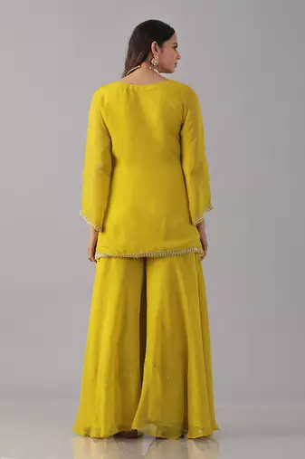 Yellow organza embroidered sharara set