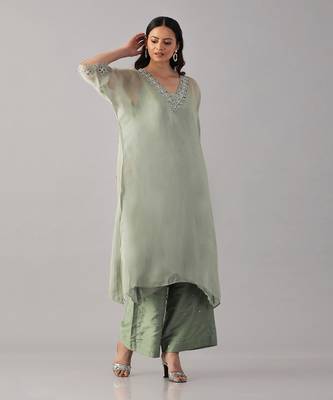 Mint hand embroidered  kurta set 5