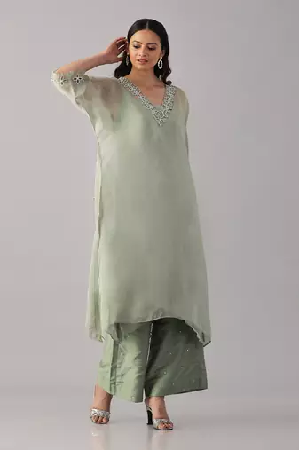Mint hand embroidered  kurta set