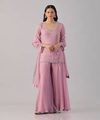 Pink organza embroidered sharara set 1