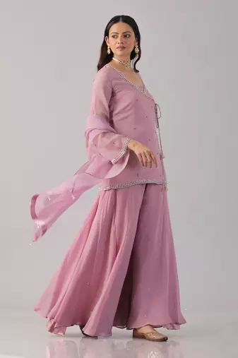 Pink organza embroidered sharara set
