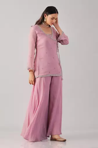 Pink organza embroidered sharara set