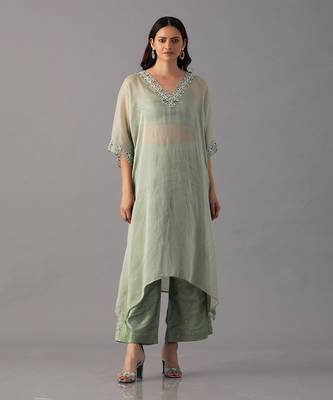 Mint hand embroidered  kurta with bustier and palazzo 1