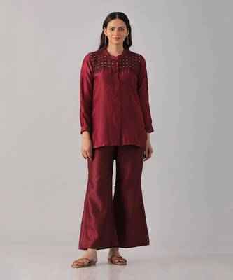 Wine embroidered shirt  with pants 1
