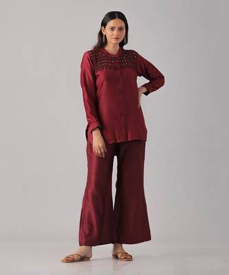 Wine embroidered shirt  with pants 2